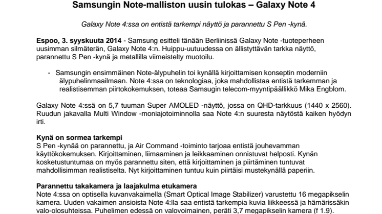 Samsungin Note-malliston uusin tulokas – Galaxy Note 4