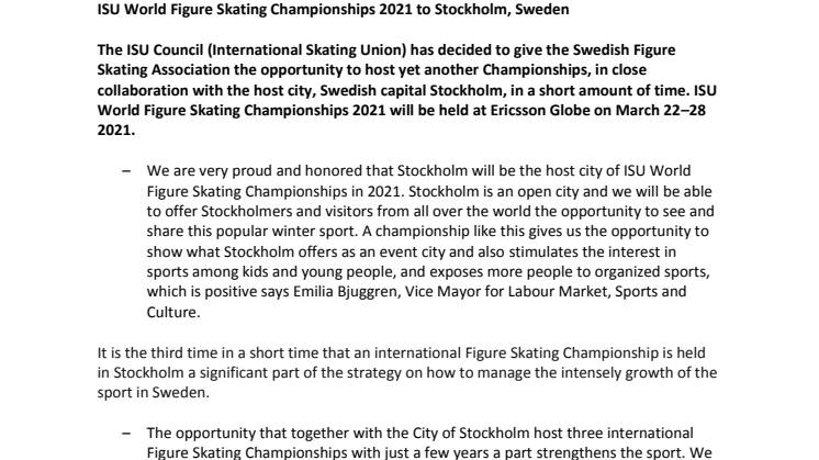 ISU World Figure Skating Championships 2021 to Stockholm, Sweden