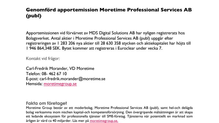 Genomförd apportemission Moretime Professional Services AB (publ)