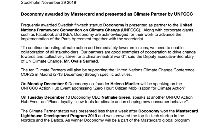 Doconomy awarded by Mastercard and presented as Climate Change Partner by UNFCCC 