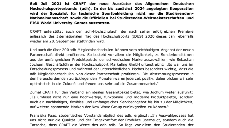 CRAFT neuer Ausrüster des Allgemeinen Deutschen Hochschulsportverbands