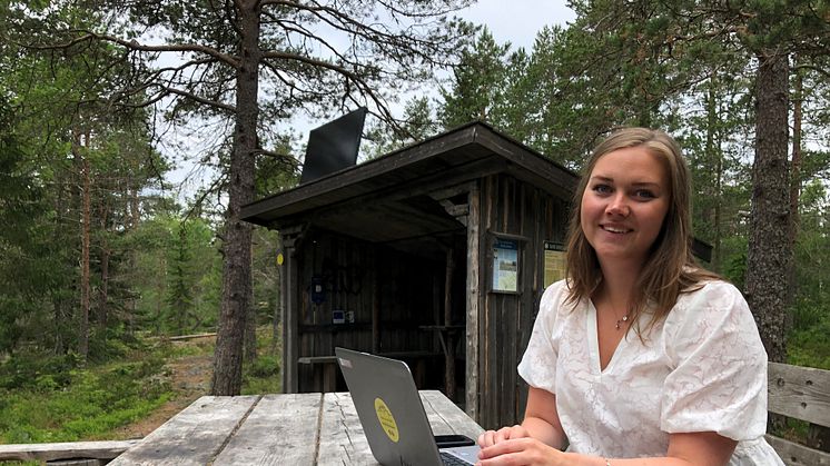 Projektledaren Eva-Lotta Öberg testar att arbeta med skogs-wifi på Vårdkasberget i Härnösand.