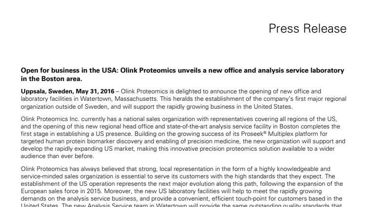 Open for business in the USA: Olink Proteomics unveils a new office and analysis service laboratory in the Boston area.