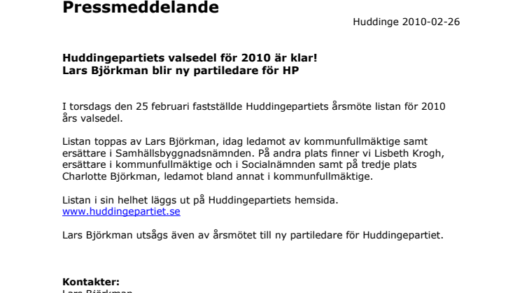Huddingepartiets valsedel för 2010 är klar! 