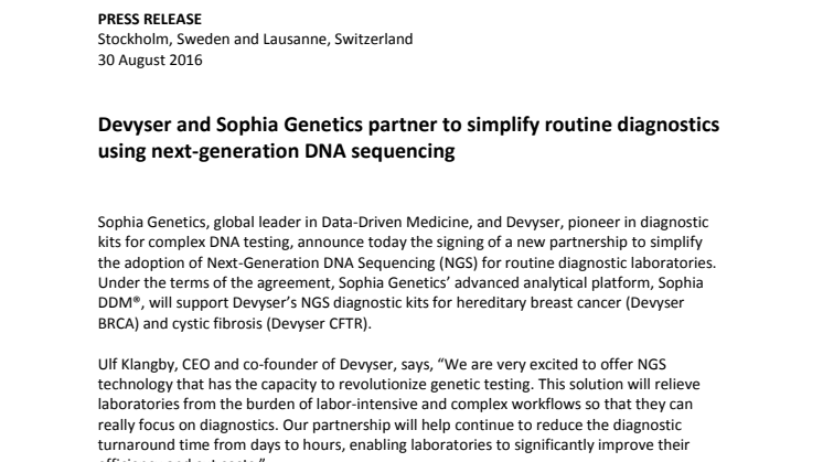 Devyser and Sophia Genetics partner to simplify routine diagnostics using next-generation DNA sequencing