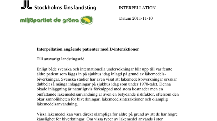 MP kräver uppföljning av läkemedelssituationen för äldre i Stockholm län