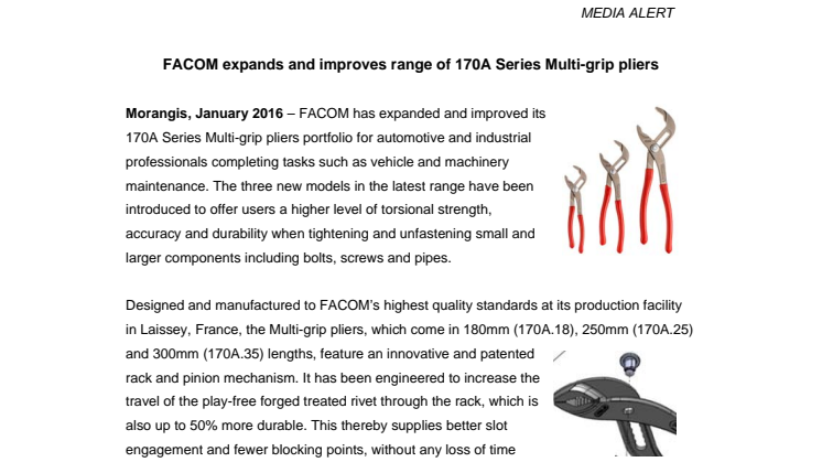 FACOM expands and improves range of 170A Series Multi-grip pliers