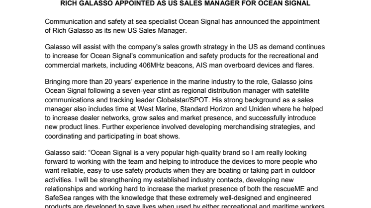 Rich Galasso Appointed as US Sales Manager for Ocean Signal
