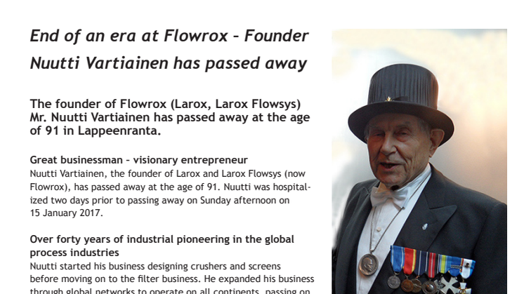 End of an era at Flowrox – Founder Nuutti Vartiainen has passed away