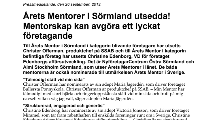 Årets Mentorer i Sörmland utsedda! Mentorskap kan avgöra ett lyckat företagande