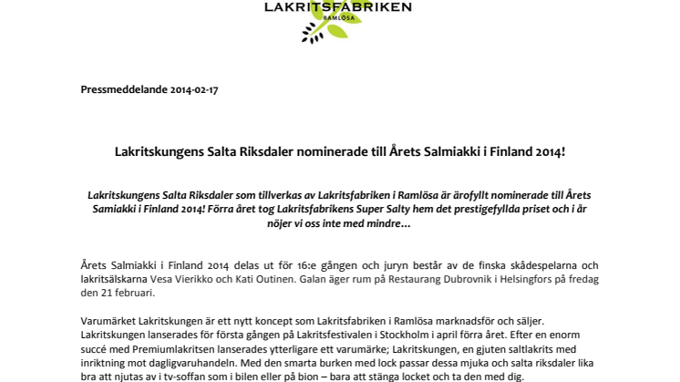 Lakritskungens Salta Riksdaler nominerade till Årets Salmiakki i Finland 2014!