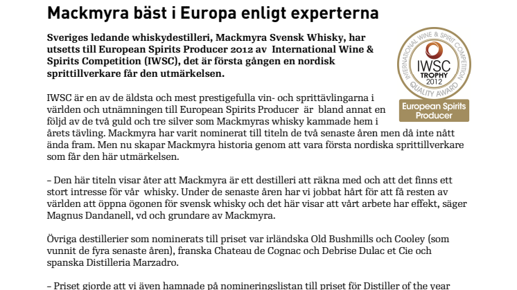 Mackmyra bäst i Europa enligt experterna