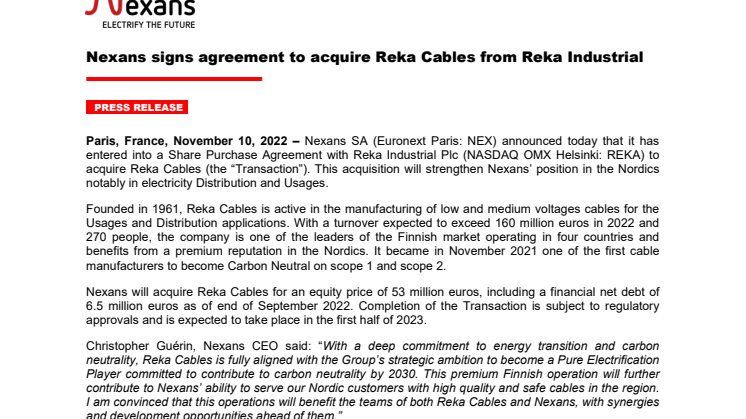 Press release_Nexans signs agreement to acquire Reka Cables from Reka Industrial.pdf