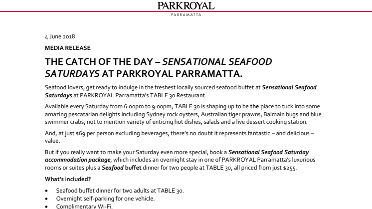 The catch Of The Day – Sensational Seafood Saturday's at PARKROYAL Parramatta 