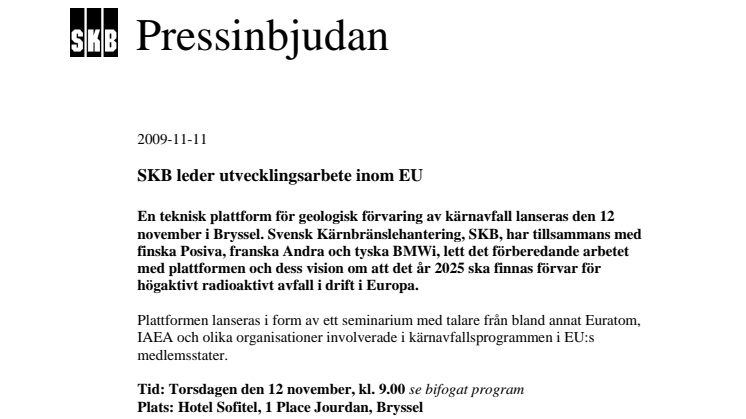 Pressinbjudan: SKB leder utvecklingsarbete inom EU