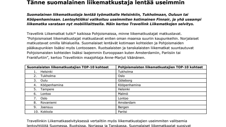 Tänne suomalainen liikematkustaja lentää useimmin