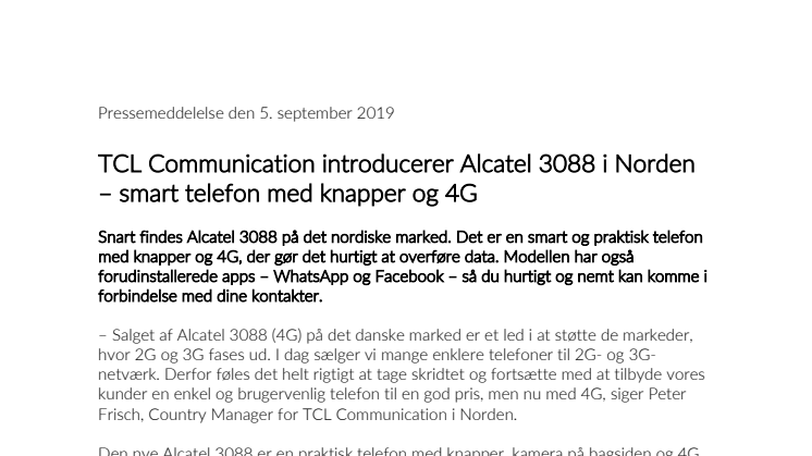 TCL Communication introducerer Alcatel 3088 i Norden – smart telefon med knapper og 4G 