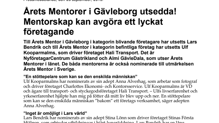 Årets Mentorer i Gävleborg utsedda! Mentorskap kan avgöra ett lyckat företagande