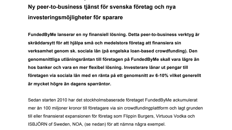 Ny peer-to-business tjänst för svenska företag och nya investeringsmöjligheter för sparare