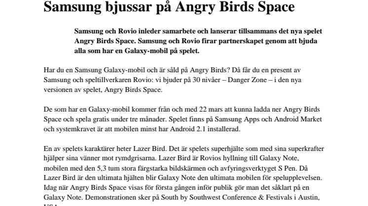 Grattis till de med Galaxy: Samsung bjussar på Angry Birds Space