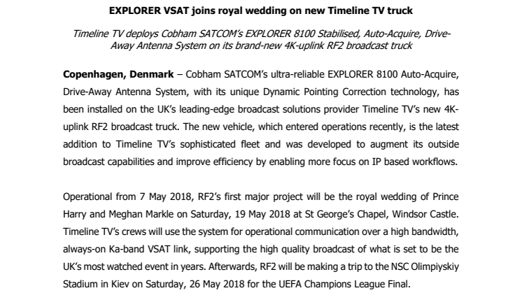 Cobham SATCOM: EXPLORER VSAT joins royal wedding on new Timeline TV truck