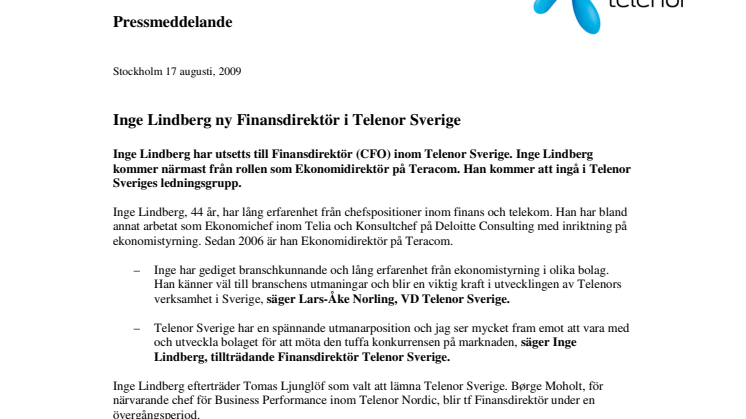 Inge Lindberg ny Finansdirektör i Telenor Sverige