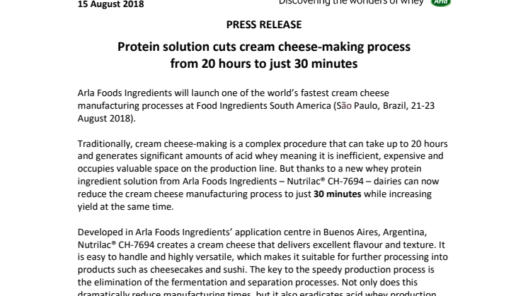 PRESS RELEASE – Protein solution cuts cream cheese-making process from 20 hours to just 30 minutes