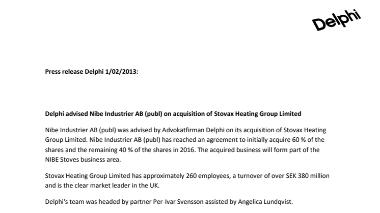 Delphi advised Nibe Industrier AB (publ) on acquisition of Stovax Heating Group Limited