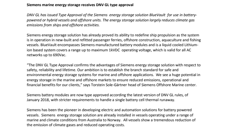 DNV GL har gitt typegodkjenning til Siemens batterier