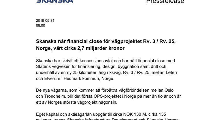 Skanska når financial close för vägprojektet Rv. 3 / Rv. 25, Norge, värt cirka 2,7 miljarder kronor
