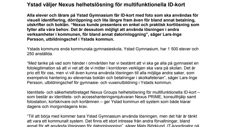 Ystad väljer Nexus helhetslösning för multifunktionella ID-kort