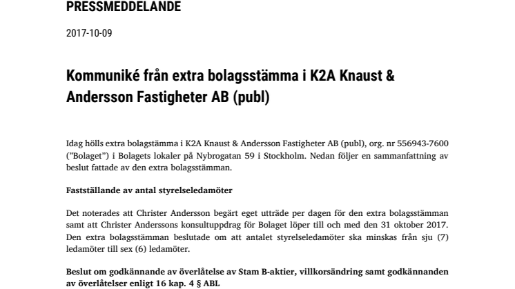 Kommuniké från extra bolagsstämma i K2A Knaust & Andersson Fastigheter AB (publ)