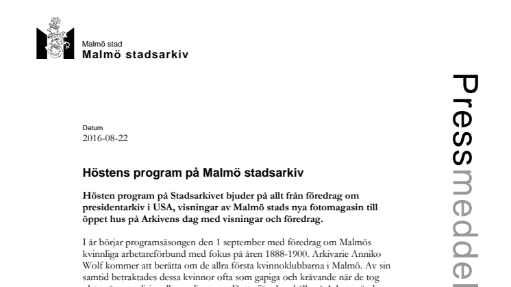 Höstens program på Malmö stadsarkiv