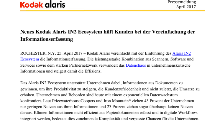 Neues Kodak Alaris IN2 Ecosystem hilft Kunden bei der Vereinfachung der Informationserfassung