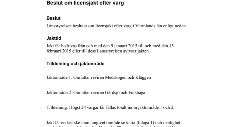Beslut - Licensjakt på varg 2014-11-28