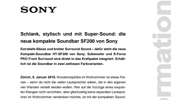 Schlank, stylisch und mit Super-Sound: die neue kompakte Soundbar SF200 von Sony