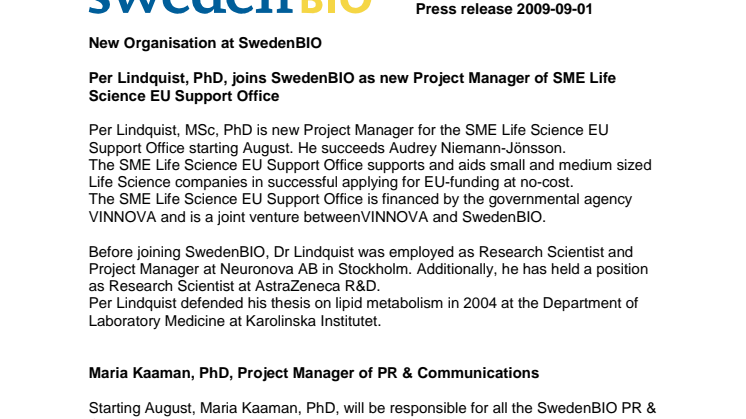 New Organisation at SwedenBIO