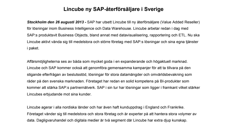 Lincube ny SAP-återförsäljare i Sverige