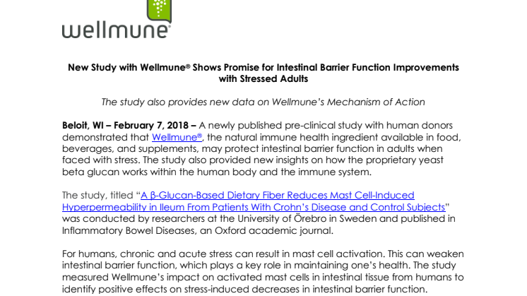 Press release – New Study with Wellmune® Shows Promise for Intestinal Barrier Function Improvements with Stressed Adults
