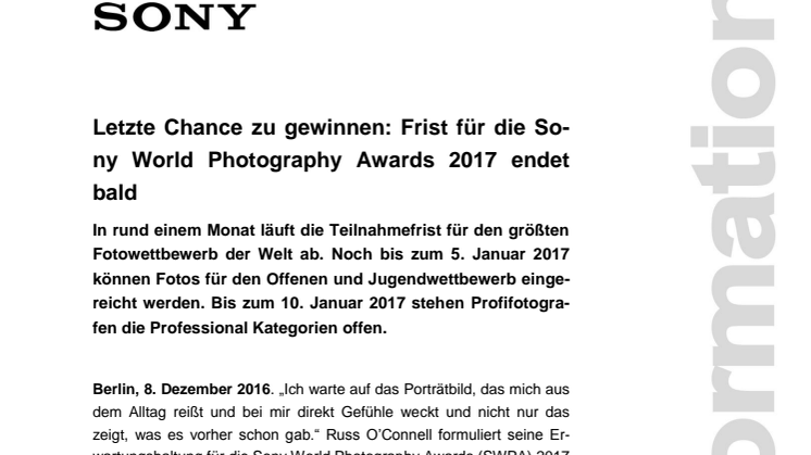 Letzte Chance zu gewinnen: Frist für die Sony World Photography Awards 2017 endet bald