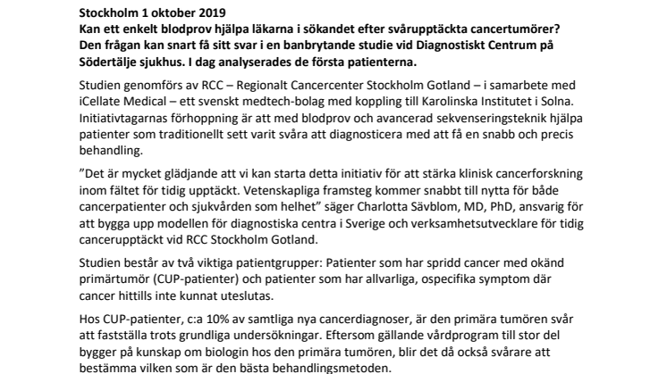 Banbrytande studie inom cancerdiagnostik inledd i Södertälje