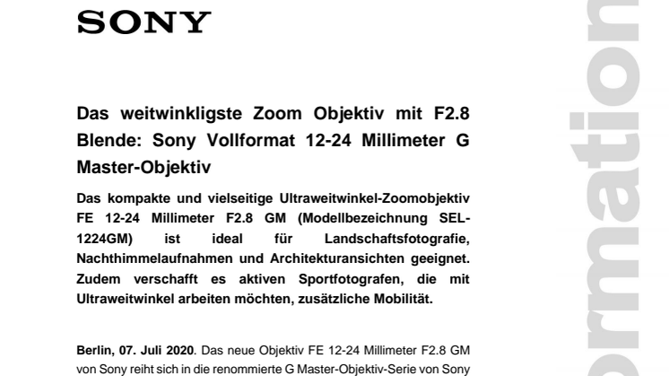 Das weitwinkligste Zoom Objektiv mit F2.8 Blende: Sony Vollformat 12-24 Millimeter G Master-Objektiv