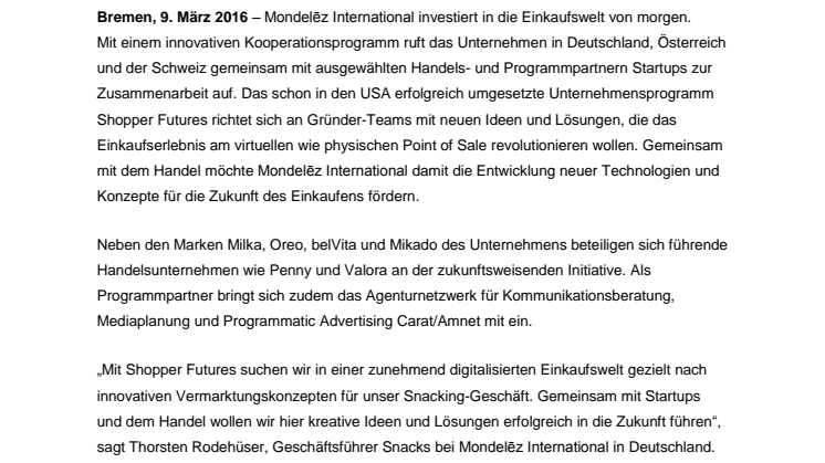 Mondelēz International startet Startup-Programm Shopper Futures in Deutschland