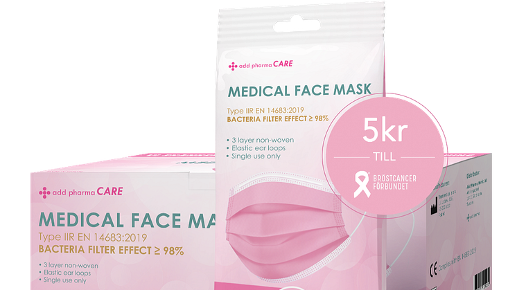Rosa munskydd i 10- och 50-pack där 5 kr per såld produkt går till Bröstcancerförbundet