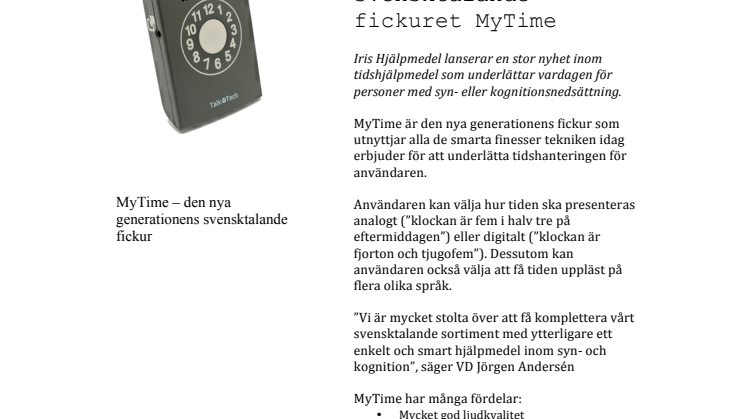 Iris Hjälpmedel lanserar det svensktalande fickuret MyTime