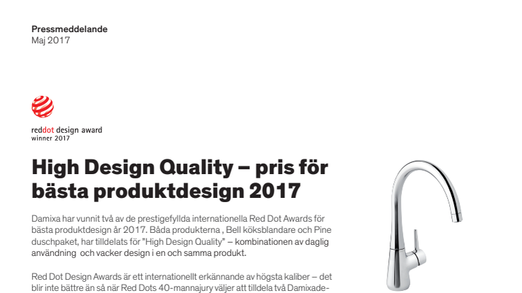 High Design Quality – pris för bästa produktdesign 2017