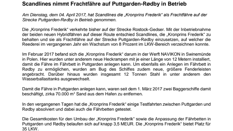 Scandlines nimmt Frachtfähre auf Puttgarden-Rødby in Betrieb 