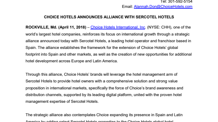 Choice Hotels announces alliance with Sercotel Hotels