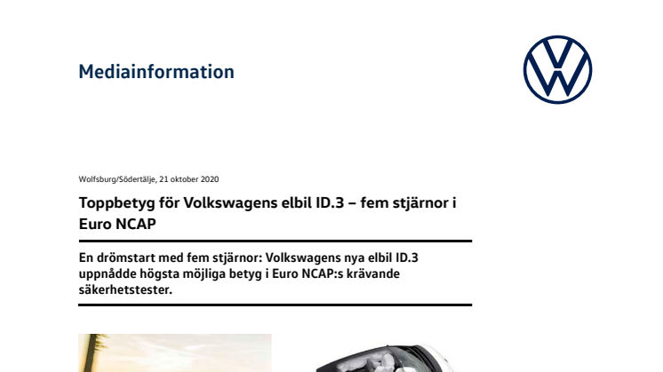 Toppbetyg för Volkswagens elbil ID.3 – fem stjärnor i Euro NCAP