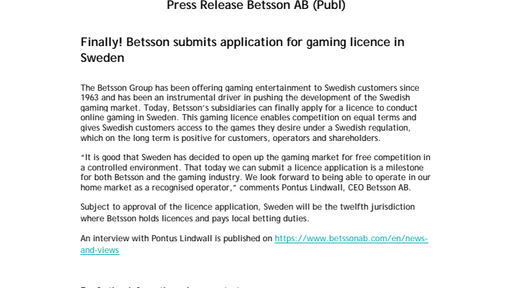 Finally! Betsson submits application for gaming licence in Sweden
